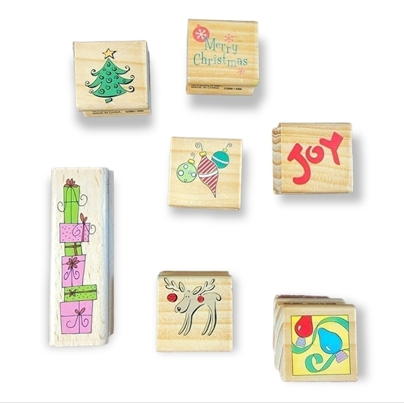 Lot of Christmas Theme Wooden Block Rubber Stamps Poinsettias - Picture 1 of 12